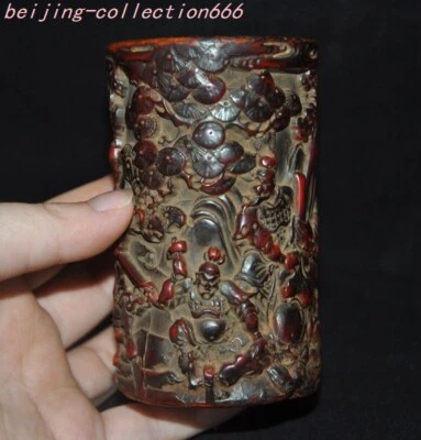 4"China Dynasty palace old amber Carved character story brush pot pencil vase - Image 1 of 4