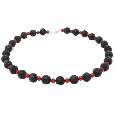 Collana Di Lava & Corallo Nero-Rosso 925 Argento 51cm Collier Collana - Immagine 1 di 3