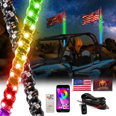 Pair 4FT RGB Whip Lights+Key-on Whip Light Wire For Polaris Ranger 570 800 XP900 - Image 1 of 4