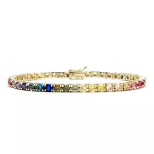3mm Multi-Color Rainbow Sapphire Lab-Created Tennis Bracelet 7 IN Yellow Plated - Picture 1 of 7