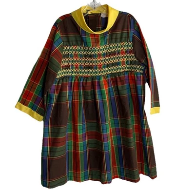 Vintage 1960’s Sears Smocked Plaid Long Sleeve dress Size 6x Mod Brady Bunch - Image 1 of 4