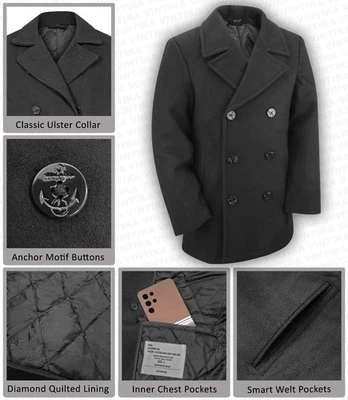 Pea Coat US Navy Military Vintage Style Winter Warm Wool Jacket Dress Top Black - Image 1 of 4