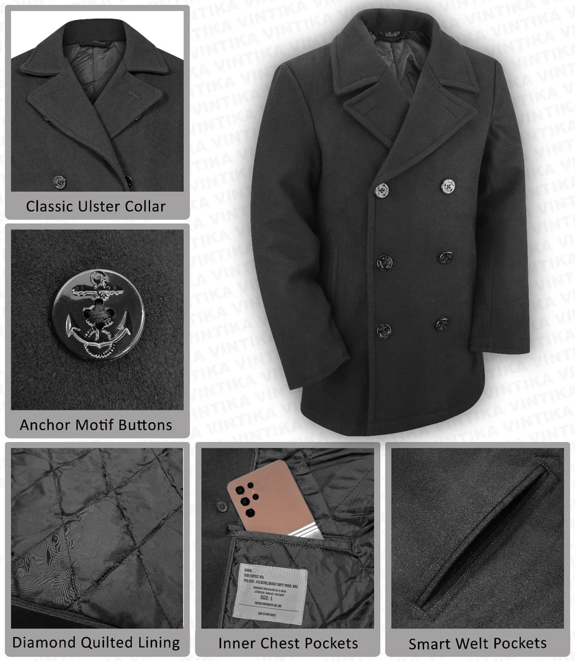 Pea Coat US Navy Military Vintage Style Winter Warm Wool Jacket Dress Top Black - Image 1 of 4
