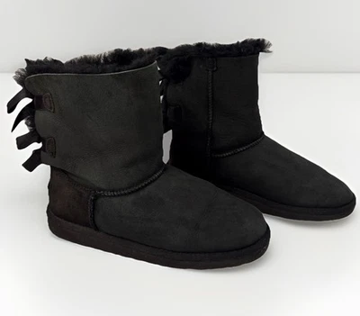 UGG Womens Bailey Bow Black Leather Shearling Short Boots Size 6 3280Y - Image 1 of 4