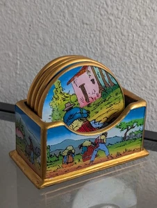 Vintage Peruvian Folk Art Reverse Glass Painted & Wooden Drink Coaster Set Of 4 - Picture 1 of 8