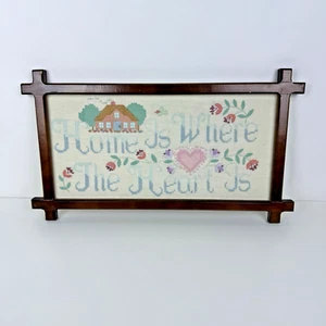 Framed Needlepoint Completed Home Is Where The Heart Is Cross Stitch Wood Frame - Picture 1 of 4