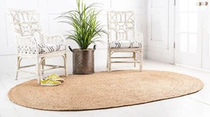 Area Rug Natural Jute Oval Hand Braided Farmhouse Jute Rustic Look Rug, Beige - Picture 1 of 8