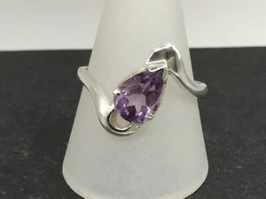 Amethyst pear ring solid Sterling silver UK size T (large). Solitaire twist - Picture 1 of 8