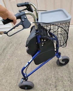 Medline Foldable 3 Wheel Rollator w/ Tray & Basket, Blue Color, Mobility Walker - Picture 1 of 16
