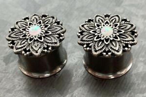 PAIR Antique Silver Lotus with Opal Center Double Flare Steel Tunnels Plugs