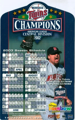2003 Minnesota Twins Magnet Schedule 8 x 5 Inches Cover
