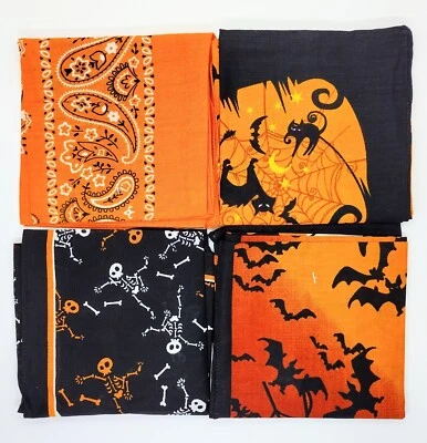 JUEGO DE 4 pañuelos de Halloween de algodón de 22" x 22" bufanda cabeza cuello máscara facial muñeca Foto 1 de 4