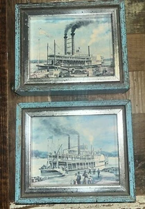 Primitive Pair Of Ship Pictures By Wedgefield 6X5” Turquoise Distressed Wood - Picture 1 of 5