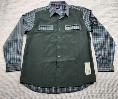 Bugle Boy Shirt Mens Medium Green Plaid Long Sleeve Button Up Utility Pockets - Image 1 of 4