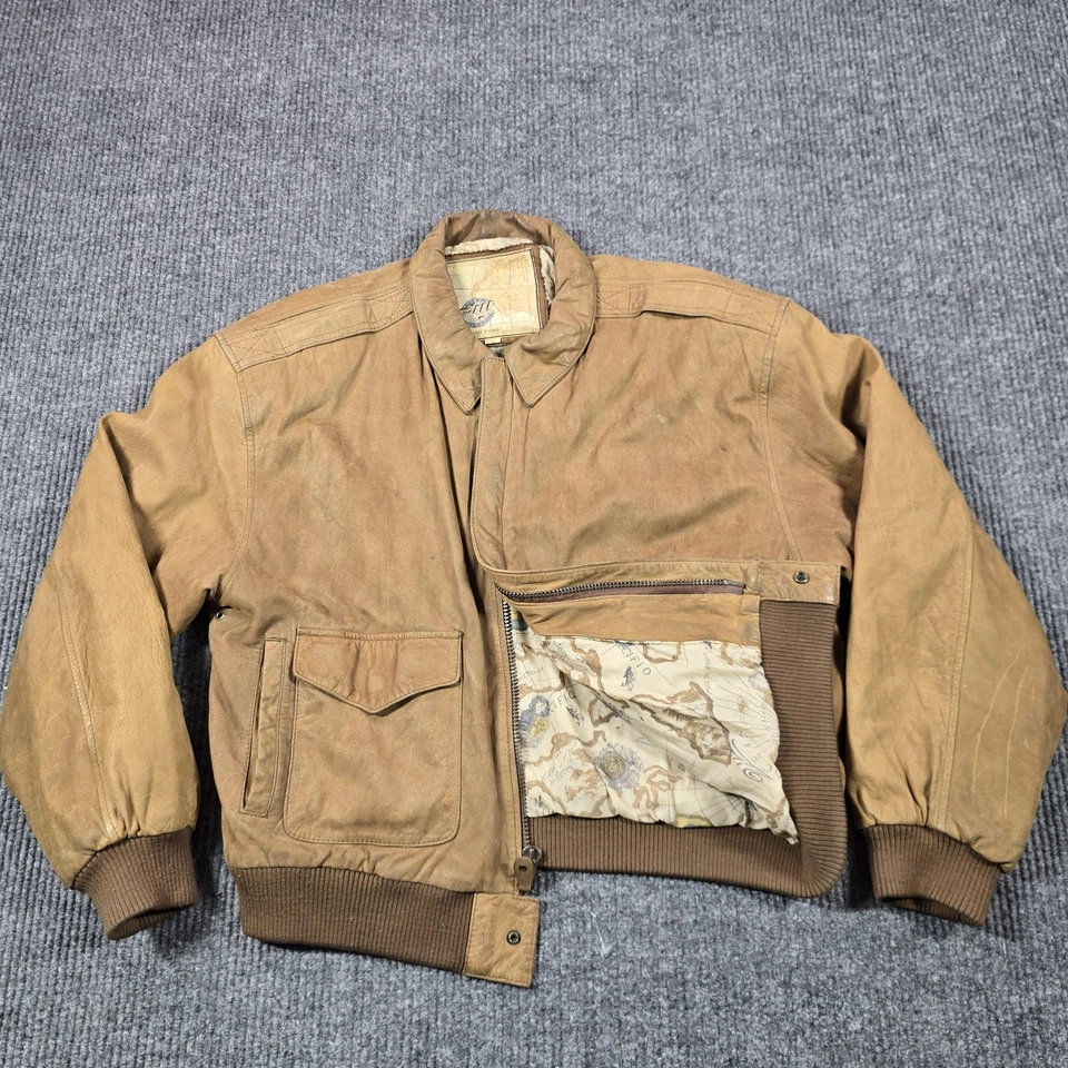 Chaqueta de cuero vintage G-III para hombre grande marrón bombardero mapa forro acanalado años 80 90 Foto 1 de 4