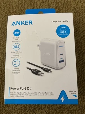 Anker PowerPort C 2 Dual-Port High-Speed Wall Charger + 3ft Cable 27W Free Ship - Image 1 of 4
