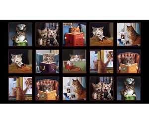 Elizabeth Studios Cat’s Meow Cute Reading Cooking Feline Panel Cotton Fabric - Picture 1 of 4