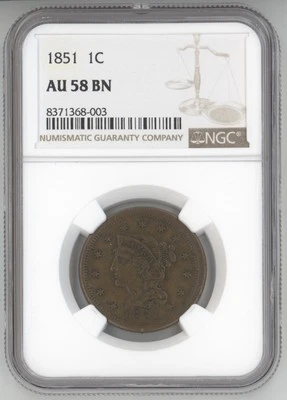 NGC AU-58 BN 1851 Braided Hair Large Cent, Lustrous, Chocolate-Brown specimen. - Image 1 of 2