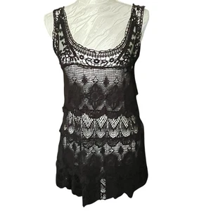 Solitaire Sz S Black Sleeveless Lace Crochet Boho Hippie Peasant Tank Top Goth - Picture 1 of 15