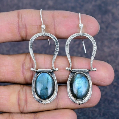 Pendientes de joyería bohemia de plata de ley 925 hechos a mano con piedras preciosas de labradorita Foto 1 de 4