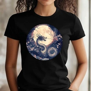 Frauen T-Shirt Drache bei Vollmond Motiv Baumwolle Größe S bis 3XL - Bild 1 von 1