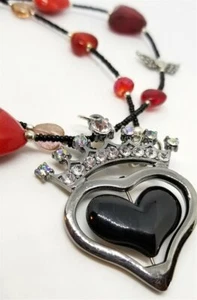 Heart Themed Black Seed Bead Necklace with Red Beads and Crowned Heart Pendant - Picture 1 of 5