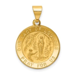 Colgante Hueco Medalla Nuestra Señora de Lourdes Pulida y Satinada 14k - Imagen 1 de 4