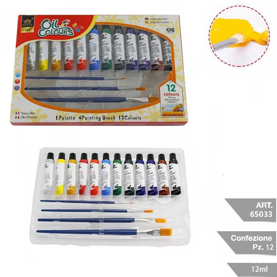 SET 12 COLORI TEMPERA A OLIO DA 12ML CON 4 PENNELLI E TAVOLOZZA PITTURA DISEGNO - Immagine 1 di 1