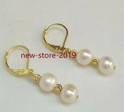 Design White AAA Akoya Round Pearl Dangle Drop Earrings Leverback 14k Gold P - Image 1 of 4