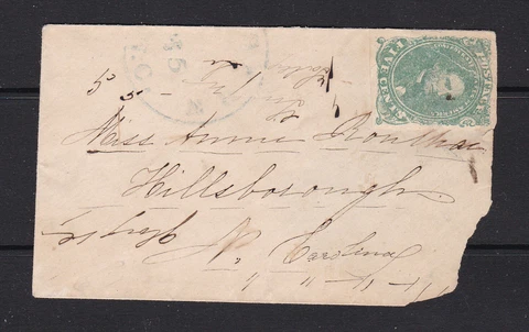CSA #1, Used on Small Cover - Blue North Carolina Cancel Cover