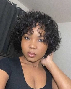 100% Human Hair Wigs with Bangs Women Afro Curly Short Black Wigs Natural Wigs - Picture 1 of 14
