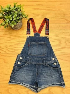 Girls 10 LEVIS Jean Shorts Bib Overalls Shortalls RARE Red Logo on Suspenders - Picture 1 of 8