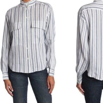 Camisa MARCO Cuello Alto Rayas Mezcla Lino Azul Talla Pequeña Foto 1 de 4