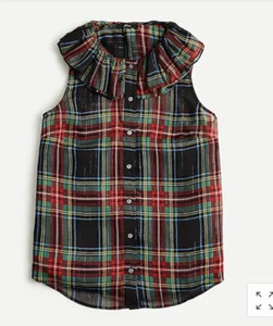 J Crew Sleeveless ruffle-collar top Tartan Black Stewart Plaid - Extra Small - Imagen 1 de 4