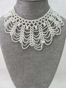 Pearl Collar Necklace Choker Victorian Lace Scalloped Wide Bib Off White PRETTY - Picture 1 of 11