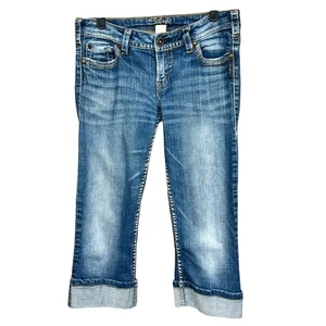 Silberne Jeans Pioneer Crop Jeans verzierte Taschen Bündchen am Saum Damen Größe 29 - Bild 1 von 13