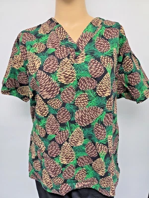 Butter-Soft 2X Green Pinecones Christmas  Trees Scrub Top Pockets Cotton Blend - Image 1 of 3
