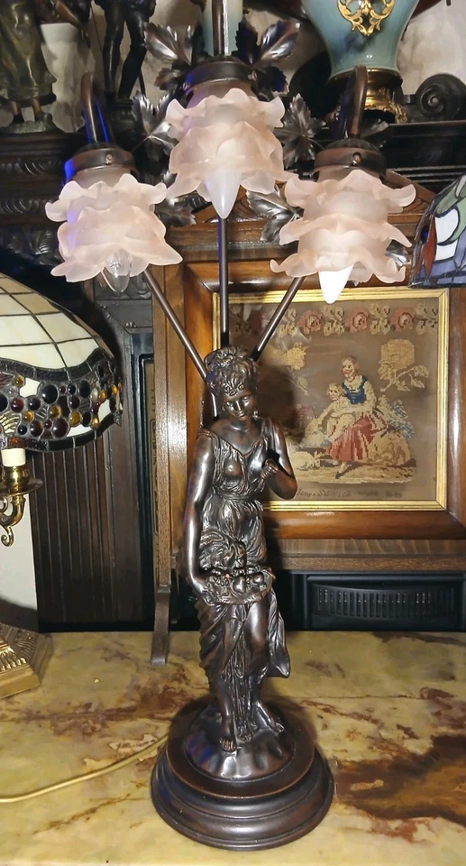 Large Widdup And Bingham Table Lamp  Female   3 Ruffle Shades Art Nouveau Style - Image 1 of 4
