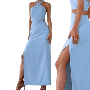 NWT luxury lovers COMMENSE minimalist lt. blue cut out halter maxi dress - Imagen 1 de 9
