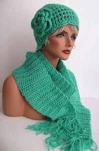 3 PIECE JADE HAND CROCHET EARFLAP FLOWER  HAT AND SCARF SET PERUVIAN STYLE HAT - Picture 1 of 12