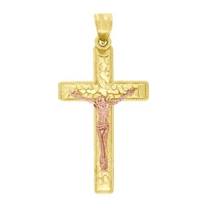 Ciondolo Charm Uomo Croce Crocifisso Religioso Oro 10kt Bicolore Taglio Diamante - Foto 1 di 1