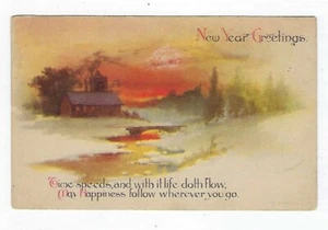 1918 Postal de Año Nuevo Lobo puesta de sol en invierno - Imagen 1 de 2