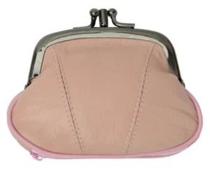 Women's Leather Metal Frame Double Clasp Zipper Coin Change Purse Ladies - Picture 1 of 14