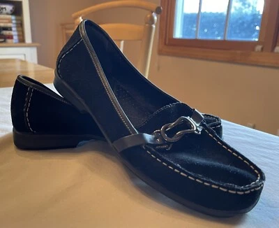 Mocassins aerossóis de camurça preta biqueira quadrada, fivela, 9,5M, em excelente estado usado - Imagem 1 de 4