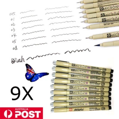 9PCS Black Sakura Pigma Micron Fine Line Pen BR Drawing Set Drawing Ink Pen HQ - image 1 of 4