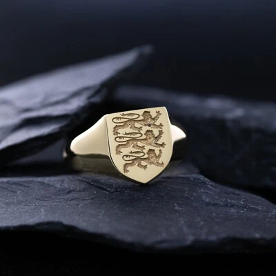 Custom Solid Gold Oval Shaped Signet Ring with English Heraldic Crest - Image 1 of 4
