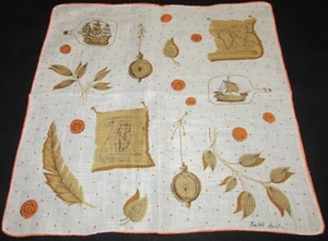 Vintage Hankie Linen Faith Austin Quill Ship Map Hand Rolled Hem - Picture 1 of 7