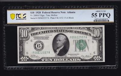 US 1928 $10 Federal Reserve Atlanta Numeric '6' FR 2000-F PCGS 55 PPQ (557) - Image 1 of 2