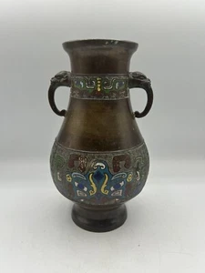 ANTIQUE CHINESE BRONZE FOO DOG HANDLE CLOISONNE ENAMEL VASE 9.75” - Picture 1 of 13