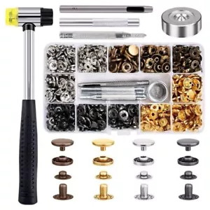 120 Set Leather Snap Fasteners Kit Metal Button Snaps Press Studs + Hammer Tools - Picture 1 of 16